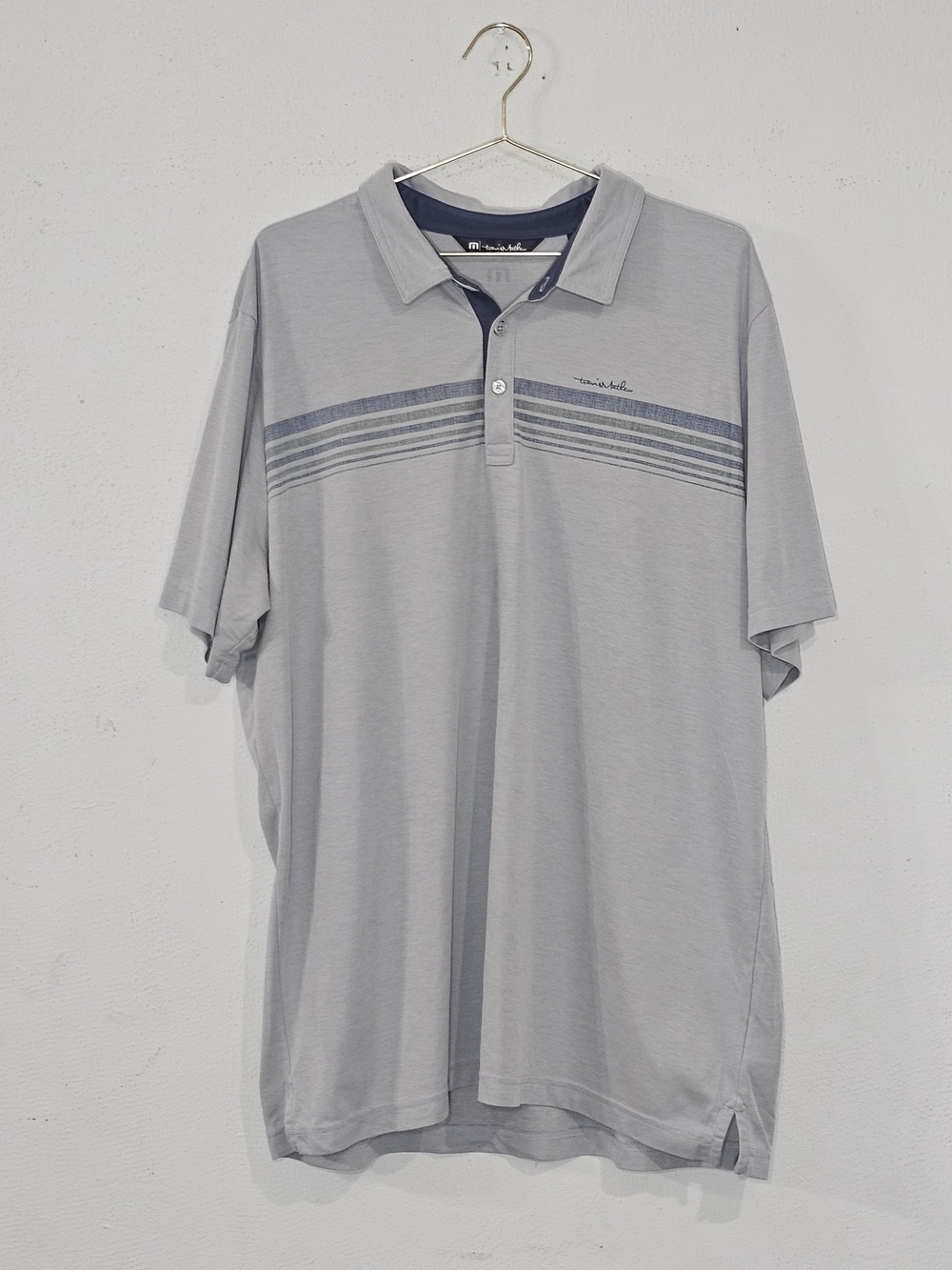 TravisMathew Light Gray Polo with Navy Stripe Detail Pima Cotton Golf Sporty XXL